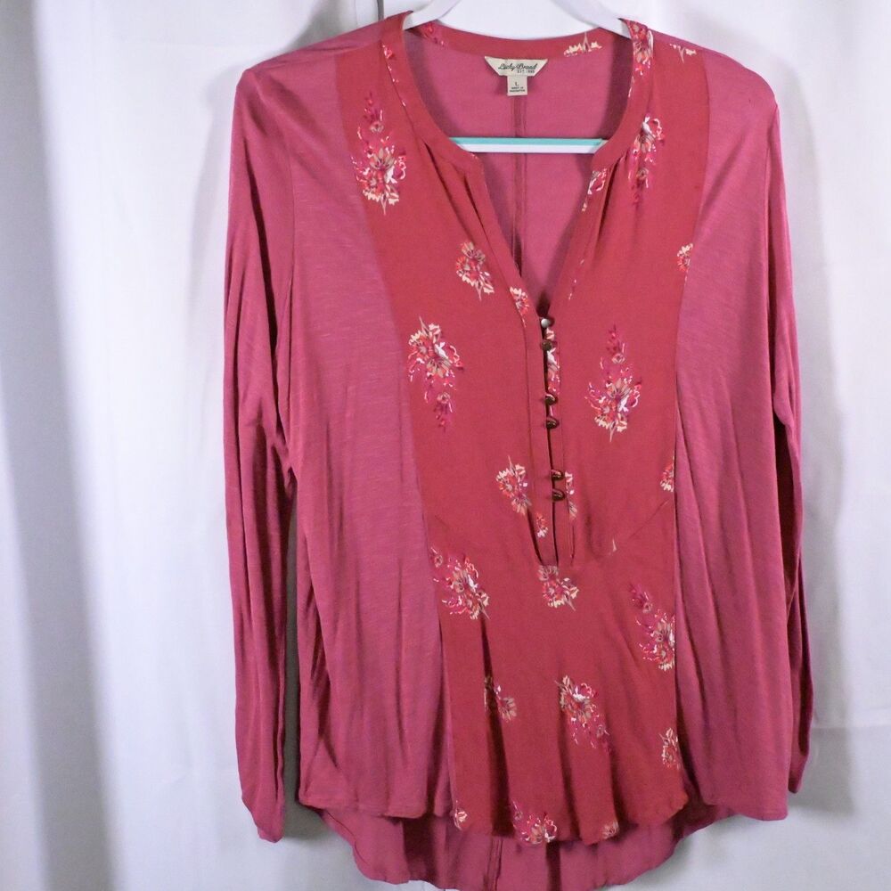 Lucky Brand Red Floral Popover‎ V-Neck Blouse Womens Large Boho Cottagecore